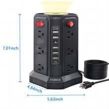 PASSUS Surge Protector Electrical Sockets With 5 USB Ports And Night Light, 10FT Extension Cable With 12 AC Multi-Sockets, PASSUS Power Tower, Overload Protection For Home Office Dormitory (Black)