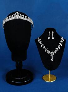 4pcs/Set Luxury Rhinestone Crown Necklace & Earrings Set, Bridal Wedding Party Jewelry Accessories