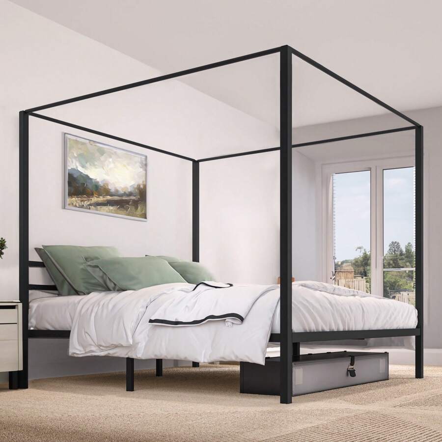 King Size Canopy Bed Frame With Headboard, Mattress Foundation With Wooden Slats And Steel Structure, No Box Spring Needed - Black - View 1