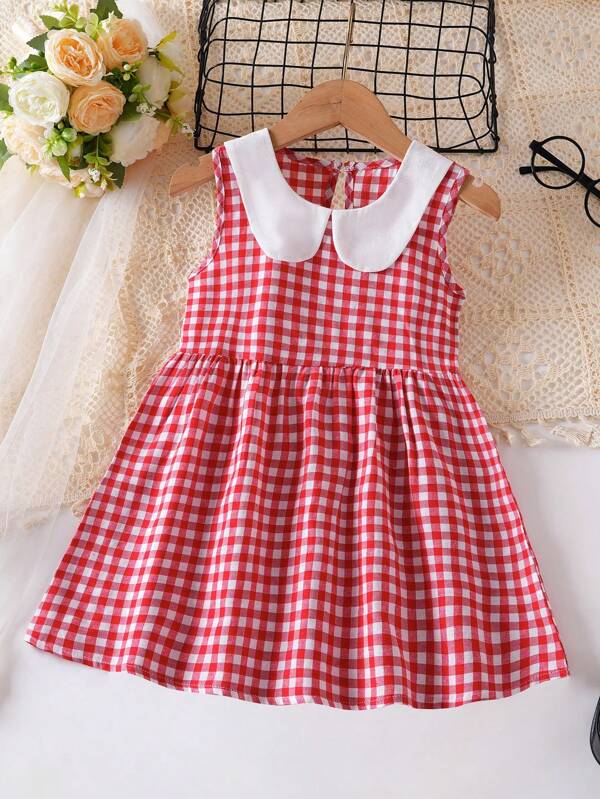 Young Girl's Sleeveless Doll Neck Dress Young Girl Plaid Pattern Casual Princess Skirt