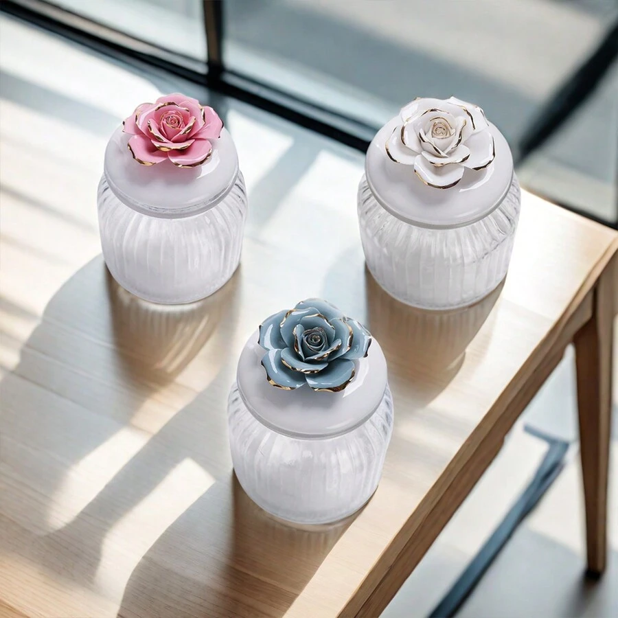 Tarros de cocina pequeños con tapa de cerámica hermética en forma de flor dorada para almacenamiento de alimentos en frascos de vidrio. Caja de joyería creativa y útil como regalo para bodas. Conjunto de envases. - Multicolor - Ver 1