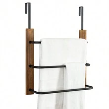 Brown Wood And Black Metal Over The Door Towel Rack, Bathroom Space Saving Door Hanging Towel Bar - Brown - View 5
