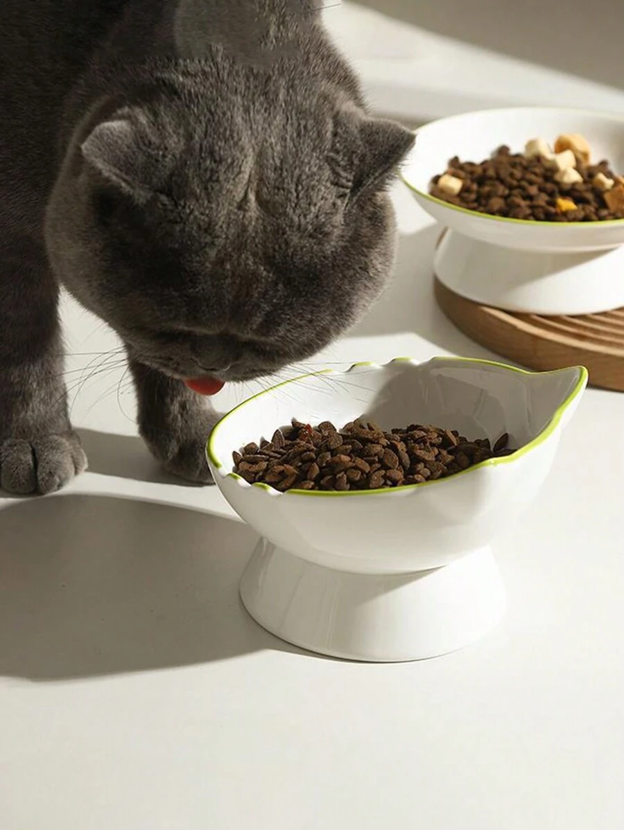 1入陶瓷貓形寵物碗，高腳大口徑狗飼料盆，傾斜嘴飼料碗，防翻陶瓷寵物食品碗，家居裝飾盤，多功能收納盤 - 白色 - 查看 1