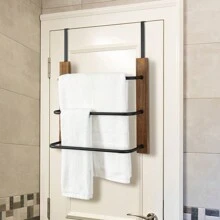 Brown Wood And Black Metal Over The Door Towel Rack, Bathroom Space Saving Door Hanging Towel Bar - Brown - View 2