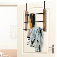 Brown Wood And Black Metal Over The Door Towel Rack, Bathroom Space Saving Door Hanging Towel Bar - Brown - View 3