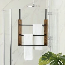 Brown Wood And Black Metal Over The Door Towel Rack, Bathroom Space Saving Door Hanging Towel Bar - Brown - View 4