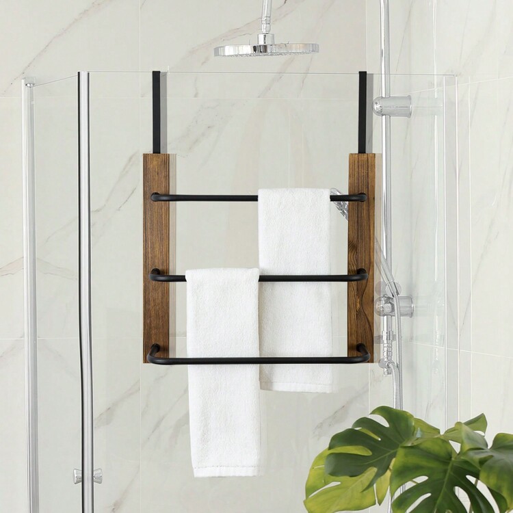 Brown Wood And Black Metal Over The Door Towel Rack, Bathroom Space Saving Door Hanging Towel Bar - màu nâu - Xem 3