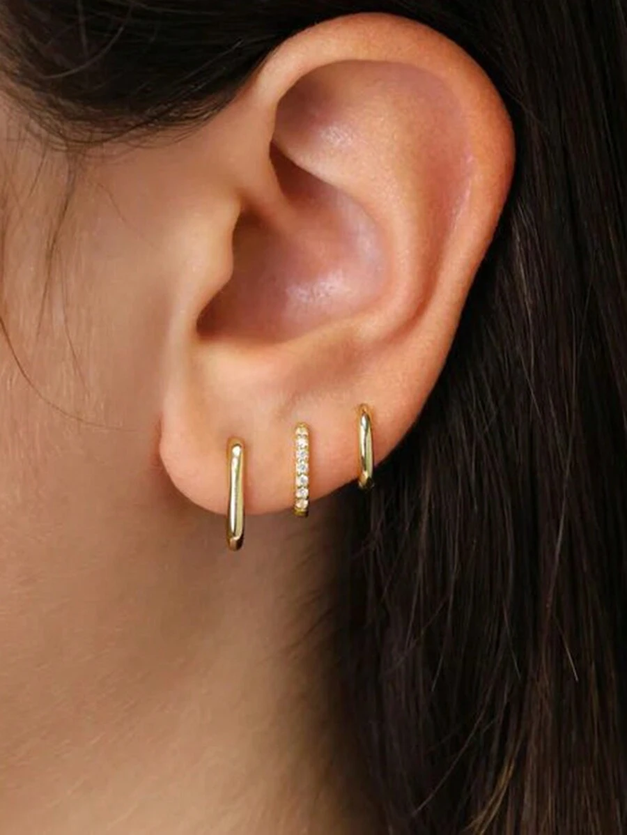 6pcs/Set Fashionable Minimalist Copper Metal Geometric Rhinestone Earrings Set For Women, Suitable For Vacation, Date, Gift, And Daily Wear