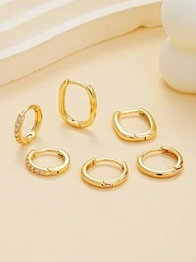 6pcs/Set Fashionable Minimalist Copper Metal Geometric Rhinestone Earrings Set For Women, Suitable For Vacation, Date, Gift, And Daily Wear - Yellow Gold - View 4