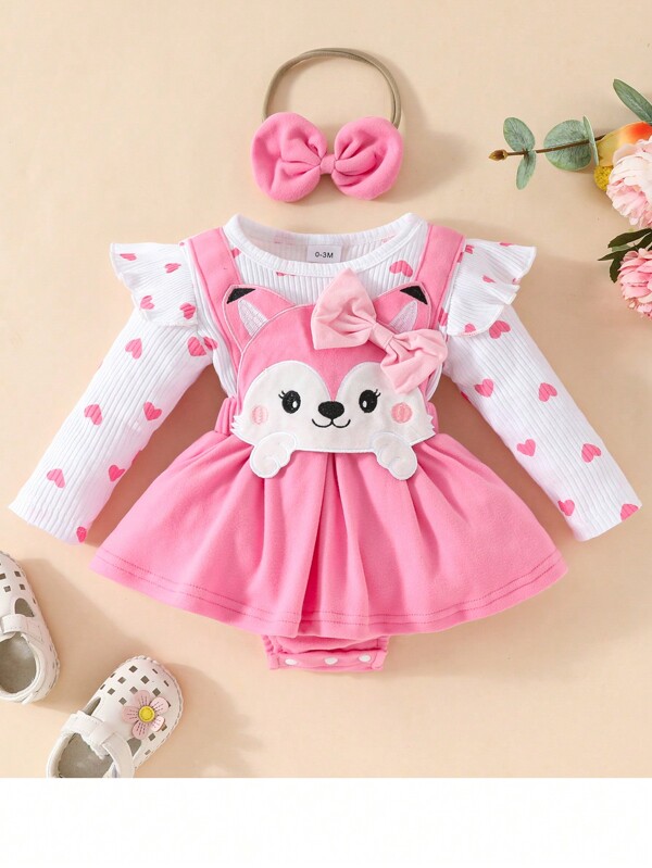 Baby Girl Fall Outfit Set Cute Heart Print Cartoon Animal Romper Dress Ruffles Long Sleeve Clothes Jumpsuit With Headband