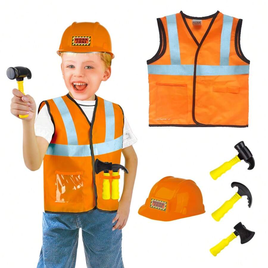 Construction Worker Role Play Costume With Safety Helmet, Suitable For Boys And Toddlers Aged 3-7 - Orange - View 1