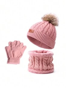 1set Kids' English Patterned Hat, Scarf, And Gloves Set - Dusty Pink - View 1