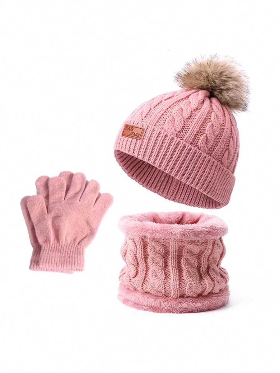 1set Kids' English Patterned Hat, Scarf, And Gloves Set - Dusty Pink - View 1