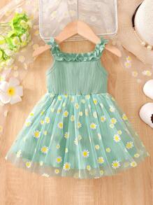 女婴夏季可爱雏菊印花网眼荷叶边下摆肩带拼接雏菊蕾丝网眼连衣裙 - 綠色 - 查看 2