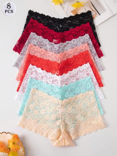 8pcs Women's Multi-Colored Lace Tummy Control Low Waist Sexy Lace Brief Lingerie