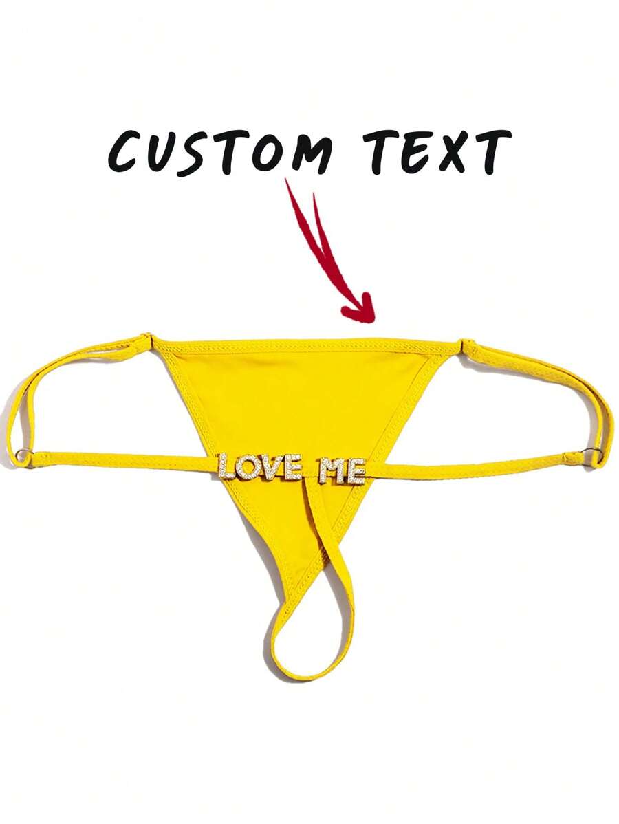 Custom Thong G-Strings With Gold Charms Name , Personalized Charm Thong With Any Name , Custom Thong , Couple Gift, Rave - Yellow - View 1