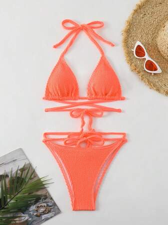 Damen Bikini Set aus strukturiertem Stoff mit Halter, sexy, Sommerbeach Bademode 2-teilig