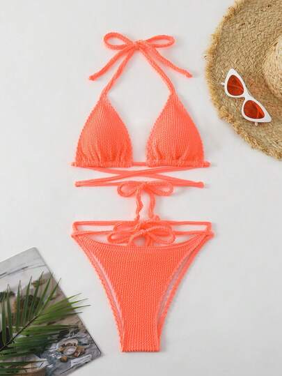Women's Textured Fabric Halter Sexy Bikini Set, Summer Beach Swimwear 2 Pieces Bathing Suit