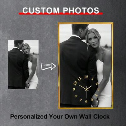 1 PC Personalized Square Muted Wall Clock,25x40cm,Customized Your Photo On A Aluminum Alloy Framed Wall Clock,Gift For Family,Lovers And Pets