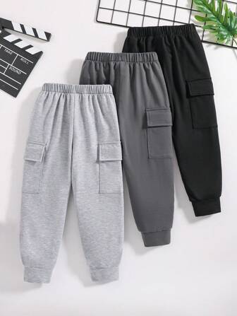 3pcs Young Boy Solid Color Soft & Comfortable Casual Pants With Side Pockets