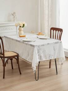 1 pieza Mantel blanco con borlas y diseño de rosa para mesa de café, cocina, comedor, adecuado para decoración de cumpleaños, fiesta o cena familiar