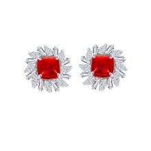 Conjunto de 3 joyas falsas de piedras preciosas rojas (aretes, anillo, collar). Bañado en cobre puro y chapado en oro blanco. Adecuado como regalo de cumpleaños, para uso diario o como joyería de fiesta.