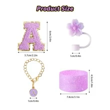 4 件套专为杯子配件设计，1 件花朵硅胶吸管盖，1 件姓名 ID 字母手柄饰物，1 件自粘字母贴纸，1 件杯套。杯子配件，母亲节礼物 - 紫色 - 查看 6