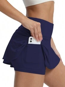 Speed mate 两件套女士网球裙套装，带手机口袋和荷叶边裙摆 - 时尚舒适的运动服，适合锻炼和运动 - 藏蓝色 - 查看 2