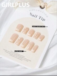 GIRL PLUS Girlplus [Cream Bray] 10 Unhas Postiças Artesanais Puras em Formato de Cornet/Caixão Médio, Estilo Francês Simples Nude com Design de Pétalas Pintadas à Mão, Recomendação de Unhas para o Verão, Conjunto de Unhas Fofas e Modernas Adequadas para Uso Diário por Mulheres e Meninas, Unhas Postiças Artesanais - Multicolorido - Ver 1