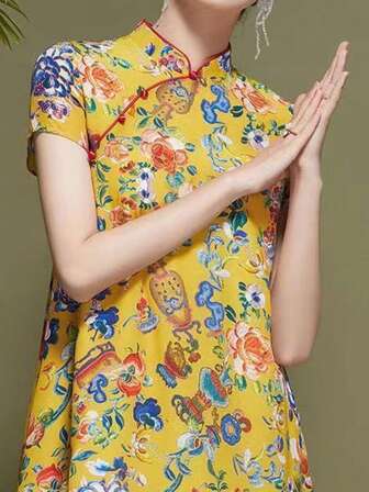 Sidentryckt förbättrad cheongsamklänning, nya sommarkläder för kvinnor, lös kjol i kinesisk stil