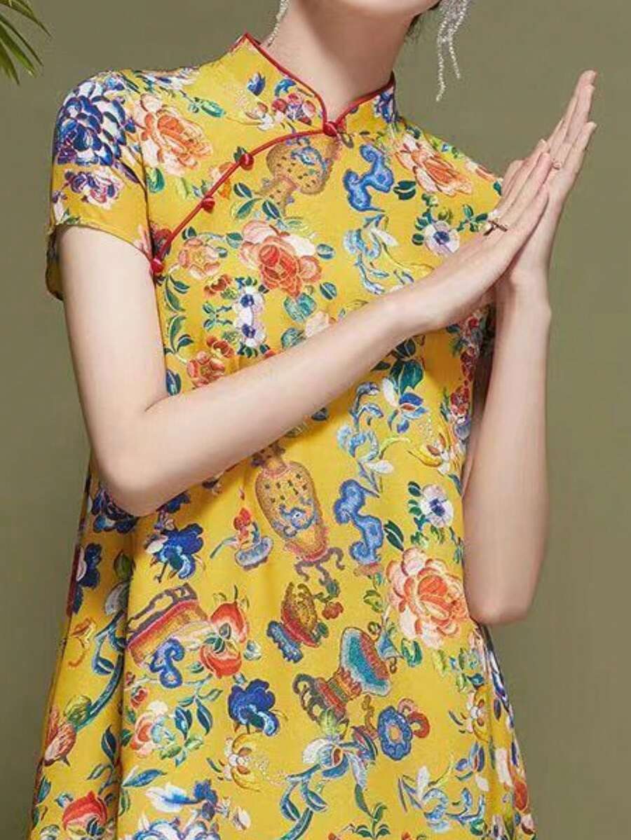丝绸印花改良旗袍连衣裙，新款夏季女装，中国风宽松裙