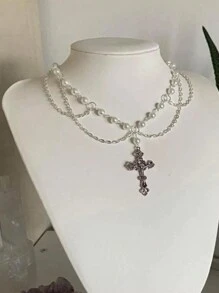 Victorian Gothic Cross  Necklace With Chain Charm Handmade Sacred Faux Pearl Beaded Layered Jewelry Mother's Day Gift For Her