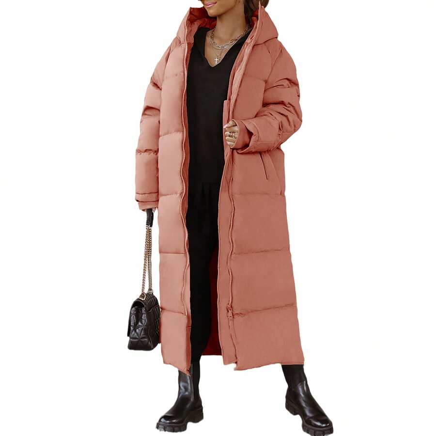 Women Long Quilted Coat Hooded Maxi Length Long Sleeve Puffer Jacket Padded Coat Winter Outerwear - 粉色 - 查看 1