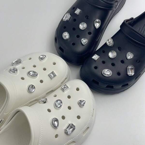 12pcs Shoe Decorations, Faux Metal ABS Material With Artificial Diamonds, Fashionable And Versatile Hole Charm Accessories, DIY Detachable Shoe Clips For Clogs, Slides, Sandals