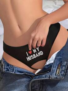 女士性感印花T型褲內褲，薄款、簡單舒適，開襠短褲 - 黑色 - 查看 1