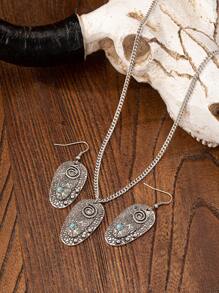 Conjunto de joyería de 3 piezas con colgante de cabeza de vaca montañesa, aretes y collar con piedra de turquesa azul para mujer