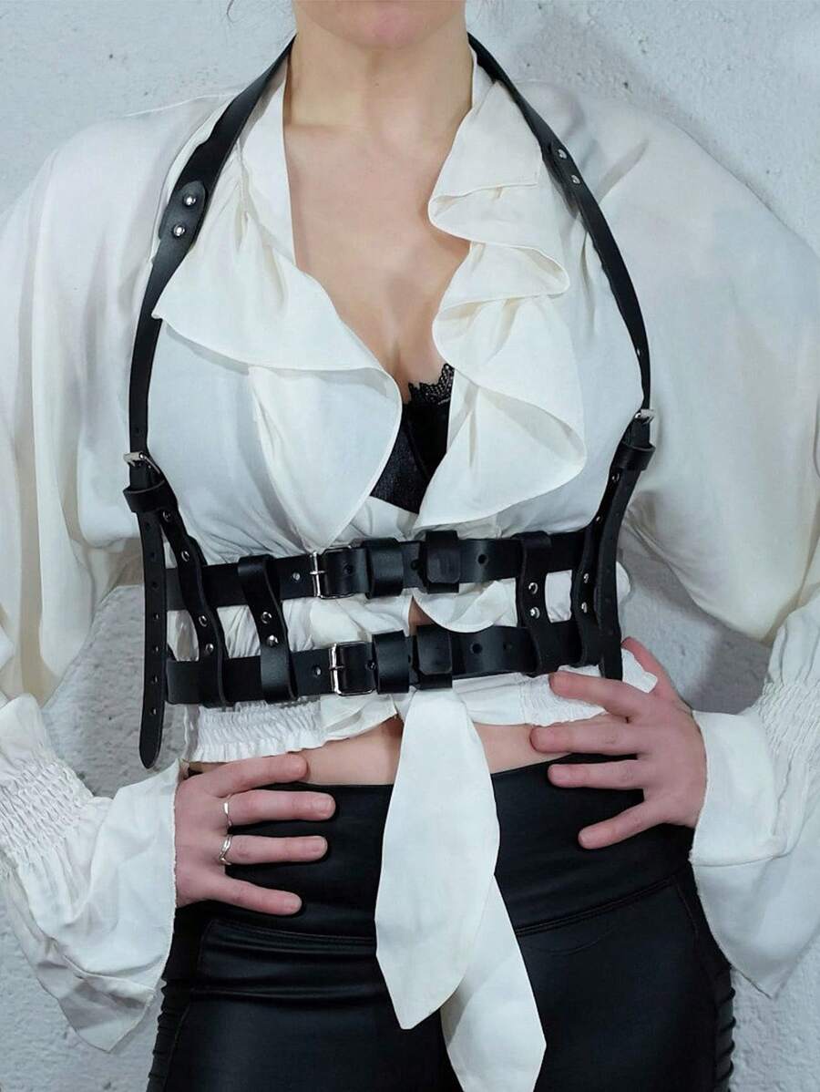 1入組女性性感簡約款雙層束腰背帶，適合日常穿著、派對、街拍等場合 - 黑色 - 查看 1