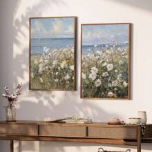 2入組海岸野花植物藝術海報復古夏季花卉風景油畫帆布印刷牆上畫，適用於宿舍、公寓、臥室、辦公室、客廳、現代家居裝飾，不含相框 - 杏色 - 查看 3