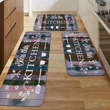 1 件现代“Bless This KITCHEN”印刷彩色条纹木纹图案厨房垫，吸水快干地毯，适合派对、家居装饰、室内入口垫，厚实柔软的厨房地垫，防滑，易于清洁 - 彩色 - 查看 1
