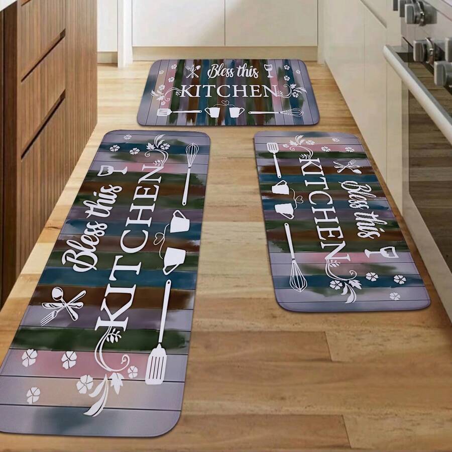 1 件现代“Bless This KITCHEN”印刷彩色条纹木纹图案厨房垫，吸水快干地毯，适合派对、家居装饰、室内入口垫，厚实柔软的厨房地垫，防滑，易于清洁 - 彩色 - 查看 1