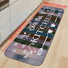 1 件现代“Bless This KITCHEN”印刷彩色条纹木纹图案厨房垫，吸水快干地毯，适合派对、家居装饰、室内入口垫，厚实柔软的厨房地垫，防滑，易于清洁 - 彩色 - 查看 2