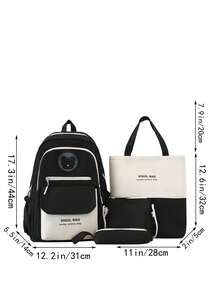 4入組學生背包，使用布料製成，包括肩背袋、斜跨包、鉛筆盒和學習補充袋