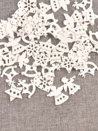 50pcs 2.4-3cm Random Mixed Wooden Craft White Angel/Star/Rocking Horse Pattern Wooden DIY Craft For Scrapbooking Home Decor Christmas Party Accessories, Halloween, Halloween Decoration