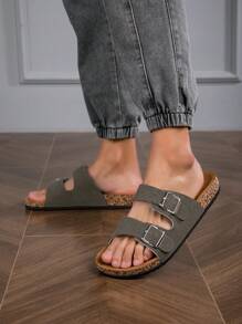 2025 Spring/Summer Fashion Plus Size Soft Cork Sole Sandals, PU Upper Soft Cork Insole Outdoor Beach Lightweight Comfortable Brand Anti-Slip Deodorizing - Khaki - View 3