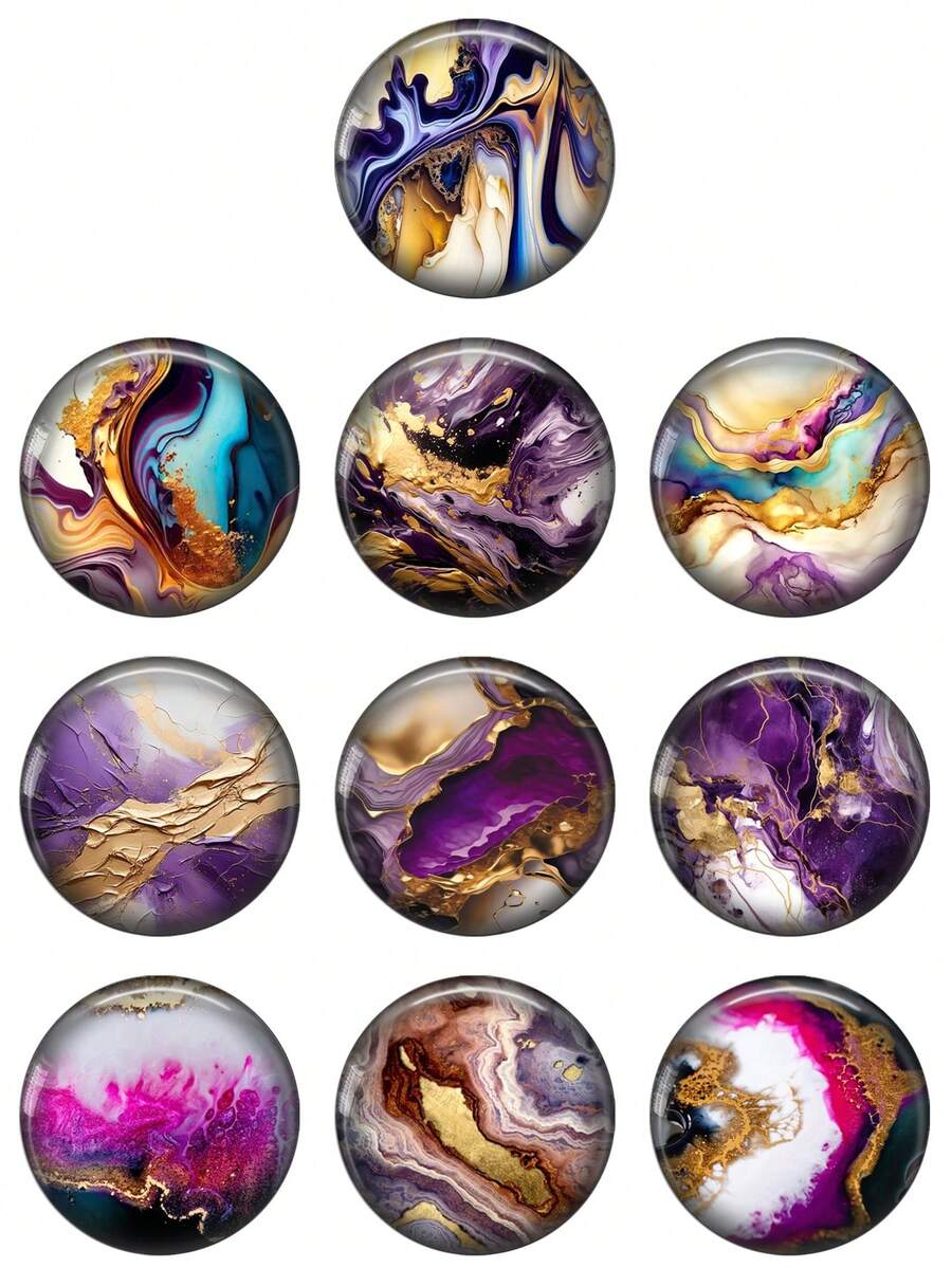 OMGALA 10入組12mm / 20mm / 25mm紫色金紋理圖案10入組混合圓形相片玻璃凸起寶石底扁平找具，供製作使用 - Round - 查看 1