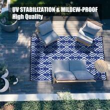 Outdoor Plastic Straw Rug, Waterproof Outdoor Rugs, Reversible Area Rug, Large Outside Carpet For Camping, Balcony, RV, Deck, Picnic, Beach - Maze (Blue + White) - View 2