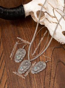 Conjunto de joyería de 3 piezas con colgante de cabeza de vaca montañesa, aretes y collar con piedra de turquesa azul para mujer