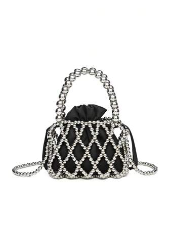 Elegante Borsa Mini A Sacchetto Con Coulisse Con Design Traforato Di Perline