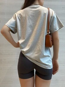 Camiseta básica suelta casual de color gris claro, de manga corta con caída de hombros pequeña - Gris Claro - Ver 4