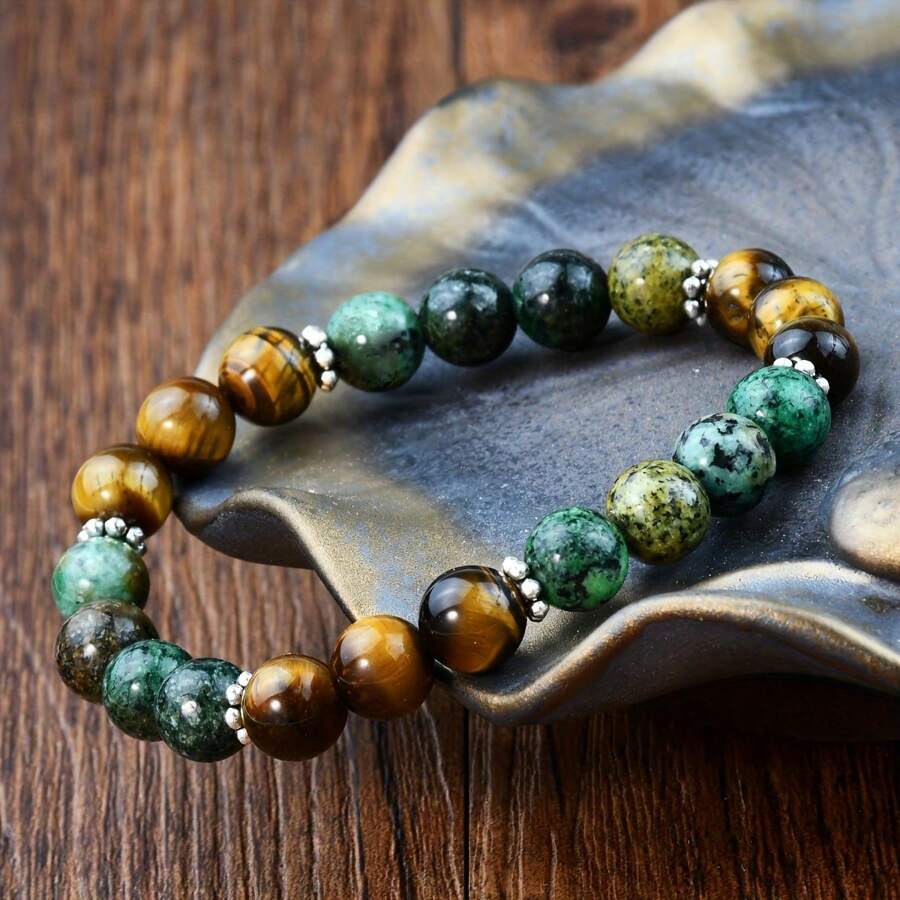 1pc Unisex Tiger Eye & African Turquoise Beaded Bracelet, Confidence & Courage Boosting Jewelry, Stretchable Gemstone Bracelet (7.08"-7.28"), Multicolored Stones Accessory For Men & Women